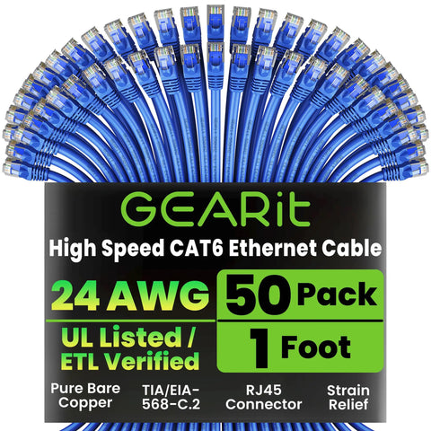 Cat 6 Ethernet Cable Pack 50 Pack 1 Ft Cat6 Patch Cables RJ45 Network Patch Cables 10 Gbps Snagless Gold Plated Connectors