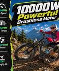 Rider on Beast 10000W Dual Motor Fat Tire Electric Bike For Adults With Full Suspension, 52 MPH Top Speed, 26x4 on mountain trail.