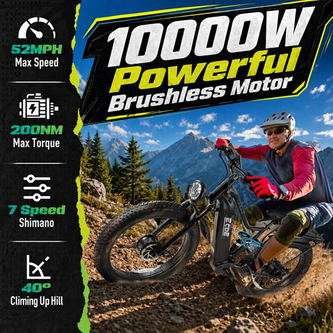 Rider on Beast 10000W Dual Motor Fat Tire Electric Bike For Adults With Full Suspension, 52 MPH Top Speed, 26x4 on mountain trail.