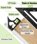 Rafter And Combination Square Tool Set For Woodworking showing aluminum rafter square with degree scale and bubble level, stainless steel ruler.