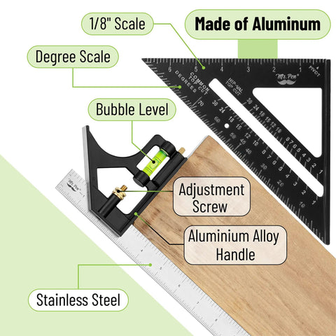Rafter And Combination Square Tool Set For Woodworking showing aluminum rafter square with degree scale and bubble level, stainless steel ruler.