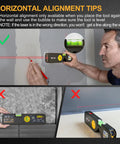 4 In 1 Laser Level For Home Renovation And Picture Hanging, Torpedo Style With 65 Ft Alignment Point, 16 Ft Laser Line, 10 Ft Tape Measure, Quick Angle Settings, Rotating Torpedo Bubble, Easy DIY Alignment Tool used against a wall