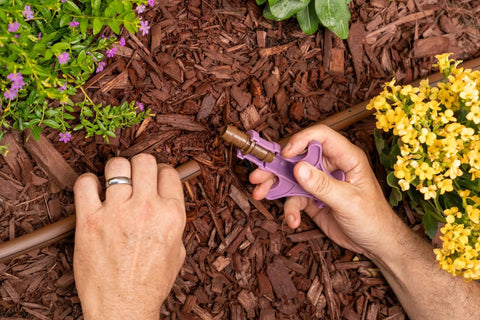 Hands using Drip Irrigation Barbed Fitting Insertion Tool for One Half Inch Tubing in garden setting