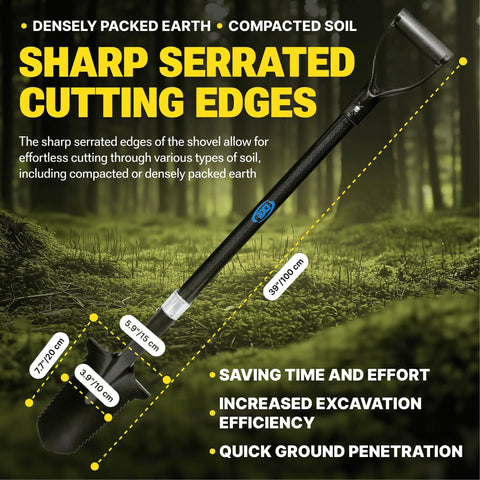 Carbon Steel Metal Detecting Shovel Set With Spade And Hand Digging Tool Pouch Bag showing serrated cutting edges for treasure hunting