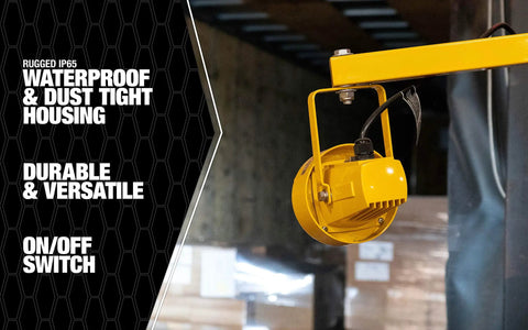 20W LED Dock Light With 40 Inch Folding Arm, 1700 Lumens, IP65 Rated Yellow Job Site Light Built Tough, mounted side view