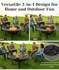 43 Inch Outdoor Fire Pit Table With Two Removable Grills, Lid, And Poker being used for bonfire, BBQ, and coffee table in a garden