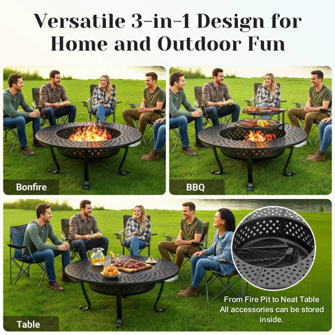 43 Inch Outdoor Fire Pit Table With Two Removable Grills, Lid, And Poker being used for bonfire, BBQ, and coffee table in a garden