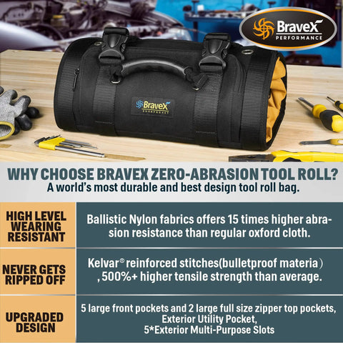 Heavy Duty Roll Up Tool Bag With Kevlar Stitches And YKK Zipper, 1200D Ballistic Nylon Tool Roll Organizer displayed on table with tools