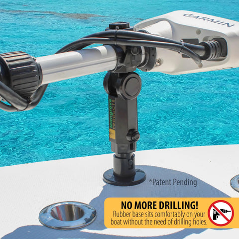 Gen3 Adjustable Trolling Motor Stabilizer With Vertical Adjustment For No Drilling Install Fits Minn Kota Rhodan And Motor Guide Shock Absorber Boat Accessory Trolling Motor Support For Steady Steering And Smooth Rides shown mounted on a boat deck