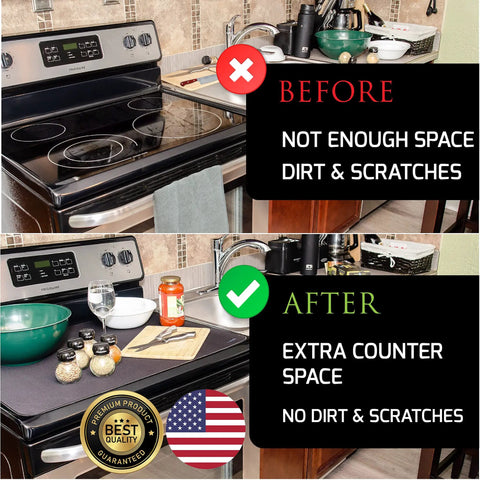 Comparison of electric cooktop with and without Stove Top Protector Cover For Electric Cooktops And Laundry Area Keeps Your Kitchen Tidy Anti Slip Waterproof Pad To Prevent Scratches And Expand Counter Space Thick Double Layer Rubber Fabric Foldable Black 28.5 By 20.5, showing increased counter space and tidy surface.