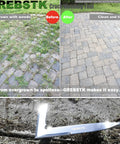 L Shaped Double Sided Beech Handle Stainless Steel Crevice Weeder Manual Weeding Tool showing before and after patio cleaning