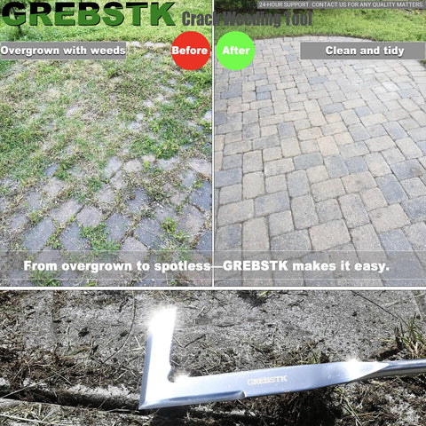 L Shaped Double Sided Beech Handle Stainless Steel Crevice Weeder Manual Weeding Tool showing before and after patio cleaning