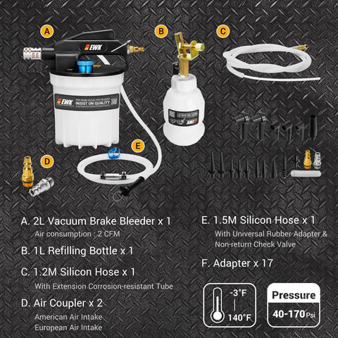 Pneumatic Brake Bleeder Kit With 2L Vacuum Pump And 1L Refilling Bottle One Person Brake Fluid Flush System, 23 adapters included