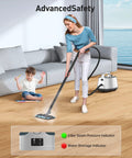 Woman using Turquoise Heavy Duty Handheld Steam Cleaner Mop 293 Degree Heat on wooden floors while child plays nearby.