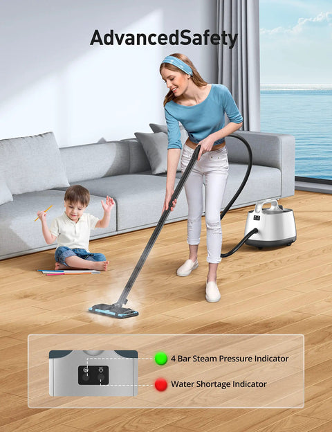 Woman using Turquoise Heavy Duty Handheld Steam Cleaner Mop 293 Degree Heat on wooden floors while child plays nearby.