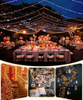 Outdoor party decorated with Two Pack 92Ft 240 LED Solar String Lights in garden setting, warm white, waterproof, eight modes visible