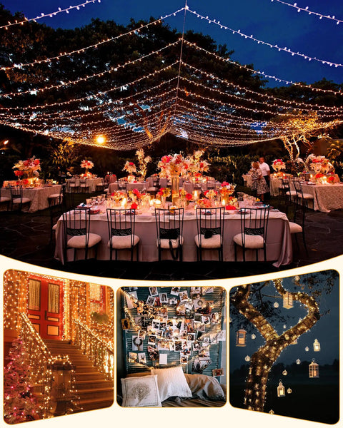 Outdoor party decorated with Two Pack 92Ft 240 LED Solar String Lights in garden setting, warm white, waterproof, eight modes visible