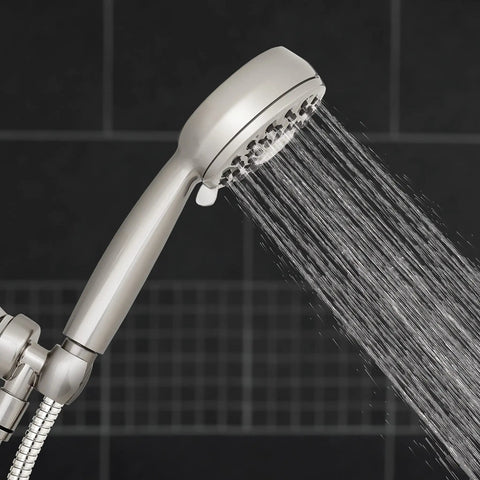 High Pressure Handheld Shower Head With 5 Foot Hose PowerPulse Massage 7 Spray Modes Chrome Finish in use