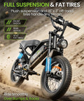 16 Inch Fat Tire Electric Bike For Adults And Teens With Peak 1500W Motor 28 MPH Top Speed 65 Mile Range 48V 15.6Ah Battery Full Suspension All Terrain Ebike For Mountains Snow And Sand Black, showing full suspension and fat tires on dirt trail.