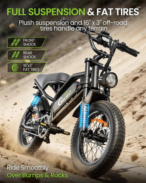 16 Inch Fat Tire Electric Bike For Adults And Teens With Peak 1500W Motor 28 MPH Top Speed 65 Mile Range 48V 15.6Ah Battery Full Suspension All Terrain Ebike For Mountains Snow And Sand Black, showing full suspension and fat tires on dirt trail.