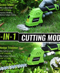 12V Cordless Grass Shear And Hedge Trimmer 2 In 1 Handheld Electric Grass Cutter close-up showing cutting blades on green grass