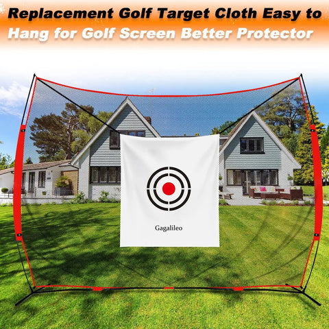 Golf Target Cloth 5x6ft Protective Net With Quick Setup, displayed outdoors with houses and greenery in background