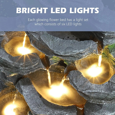 Close-up of Outdoor 7 Tier Cascading Rock Water Fountain With Six LED Lights For Garden Patio Yard Decor Natural Stone Look