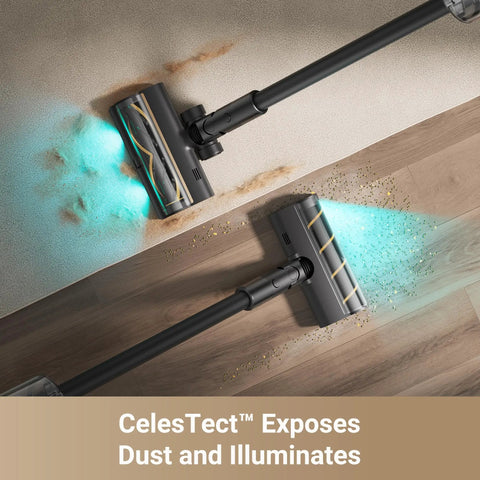 Game Changing Cordless Vacuum Cleaner With 850W Motor And 90 Minute Runtime showing dust and debris on carpets and hardwood floors.