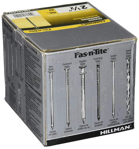 Five Pound Box Of 2.5 Inch 8D Bright Common Nails For Framing And General Woodworking product packaging showing nail types