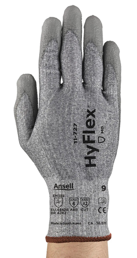HyFlex 11-727 Cut Resistant Gloves for Machinery Auto Shop and Warehouse Use, grey, 15 gauge nylon spandex knit, small, top view