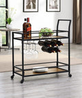 Prime Rolling Industrial Bar Cart With Heavy Duty Dual Tier Shelves And Rustic Wood Metal Build For Kitchen Wine Storage, featuring bottles and glasses.