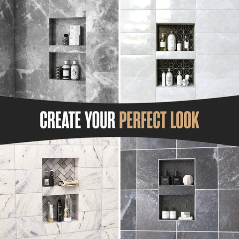 Tile Ready Shower Niche Insert For Recessed Bathroom Storage in various tiled settings