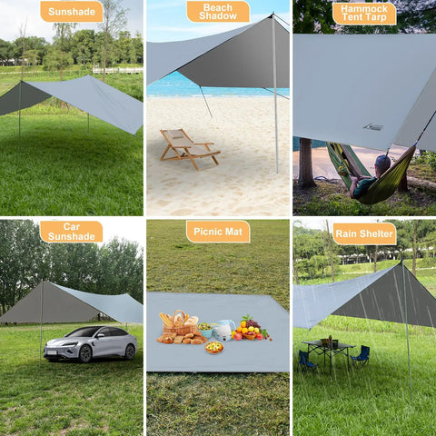 Beefy 16x12 Ft Camping Tarp With Poles used as sunshade, beach shelter, hammock cover, car sunshade, picnic mat, rain shelter
