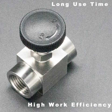 Side view of a 1/2-inch stainless steel straight needle valve with BSPP female thread and knurled control knob