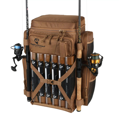 Drift Series 3700 Tackle Backpack With QuikLatch System And Two Rod Holders Coyote Color showing full front with rods and trays