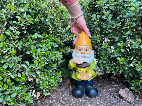 Totally Adorable Jar Garden Gnome With Solar Light Outdoor Decor in garden, yellow hat, holding a jar with LED light, 6"W x 13"H.