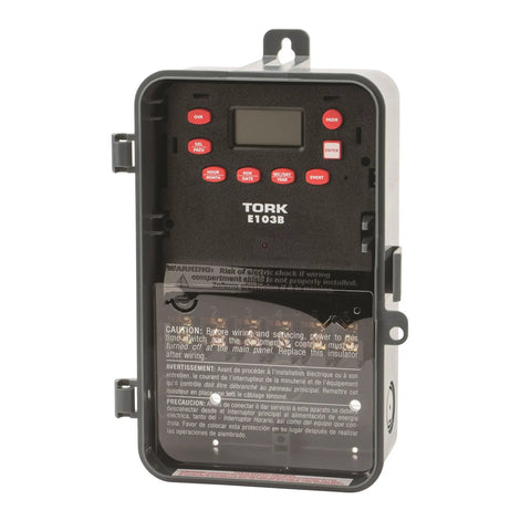 All Day Auto 24 Hour Time Switch With Digital Display, One Channel DPST Dry Contact, 120-277 VAC Input, visible inside Noryl case