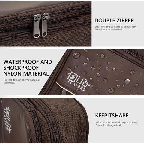 Close-up of Waterproof Double Layer Electronics Organizer Bag in classic brown showcasing zippers and waterproof material.