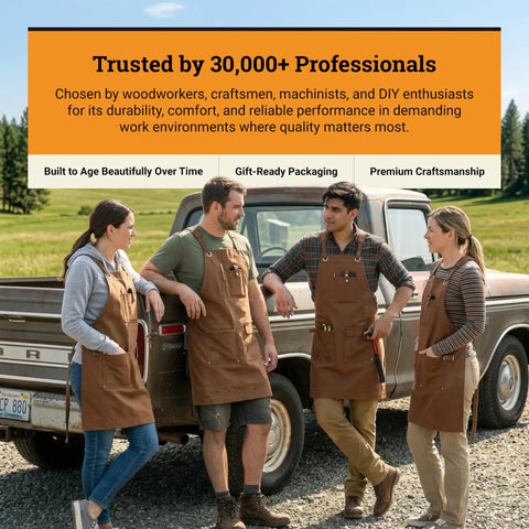 Four people wearing Waxed Canvas Work Apron For Men With Pockets, standing outdoors by a truck, showcasing apron's durability.