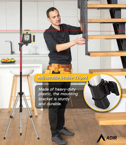 Pro Grade Laser Level Pole Kit With Tripod And Mount For Rotary And Line Lasers set up in a home setting next to a staircase.