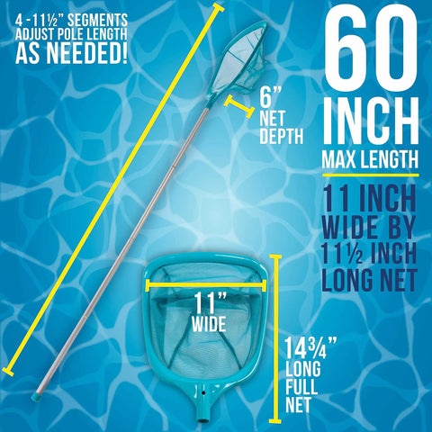 5 Foot Leaf Skimmer Net With 4 Aluminum Pole Sections Ultra Fine Mesh Basket 60 Inch Reach Quick Clean on pool background