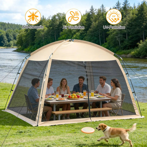 12 X 12 Ft Camping Screen Tent For 8 To 10 People, Easy Setup Mosquito Net Canopy, UV Resistant Sun Shelter by a river
