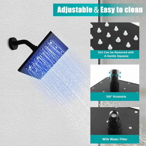 Dope Matte Black 8 Inch LED Rain Shower Head Set With Wall Mount, Single Function Trim Kit And Rough In Valve, Color Changing Temperature Sensor, High Pressure Spa Rainfall For Modern Bathrooms