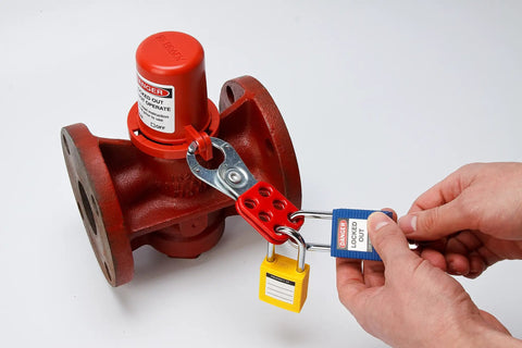 Beefy Steel Lockout Hasps With Vinyl Coated Handle For Multiple Padlocks securing a red valve with locks attached