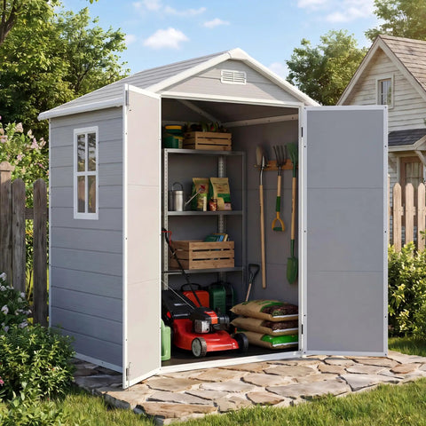 6x4 ft resin outdoor storage shed with floor lockable door weatherproof plastic shed for patio furniture garden tools bike gear