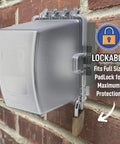 1-Gang Weatherproof Outdoor Outlet With Extra Deep 5 1/4 Inch Lockable Cover, showing frost-patented polycarbonate design.