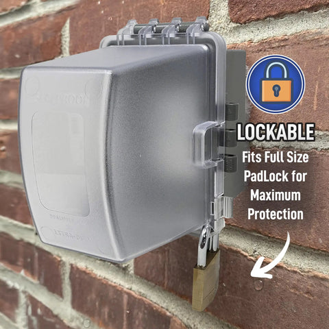 1-Gang Weatherproof Outdoor Outlet With Extra Deep 5 1/4 Inch Lockable Cover, showing frost-patented polycarbonate design.