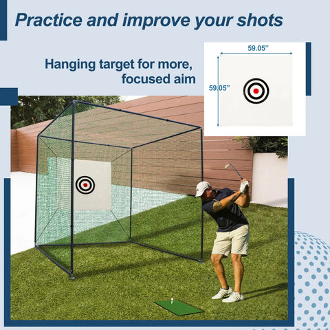 10x10x10 Ft Golf Practice Net Cage With Metal Frame Heavy Duty Hitting Net Kit showing target cloth setup