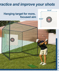 Man practicing with 10x10x10 Ft Golf Practice Net Cage With Metal Frame For Backyard Driving Range And Full Swing Training, Black