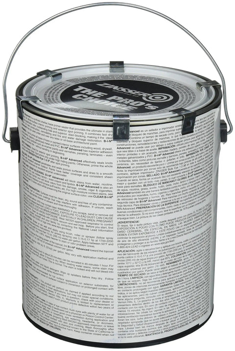 Container of Advanced Synthetic Shellac Primer Sealer White 1 Gallon showing label details and metal handle.